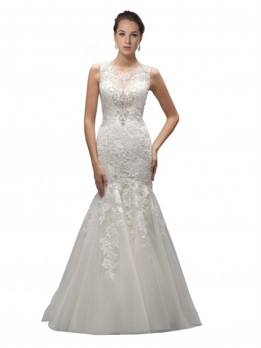Sleeveless Ivory Mermaid Tulle & Lace Illusion Neck Long Wedding Dress Maidstone