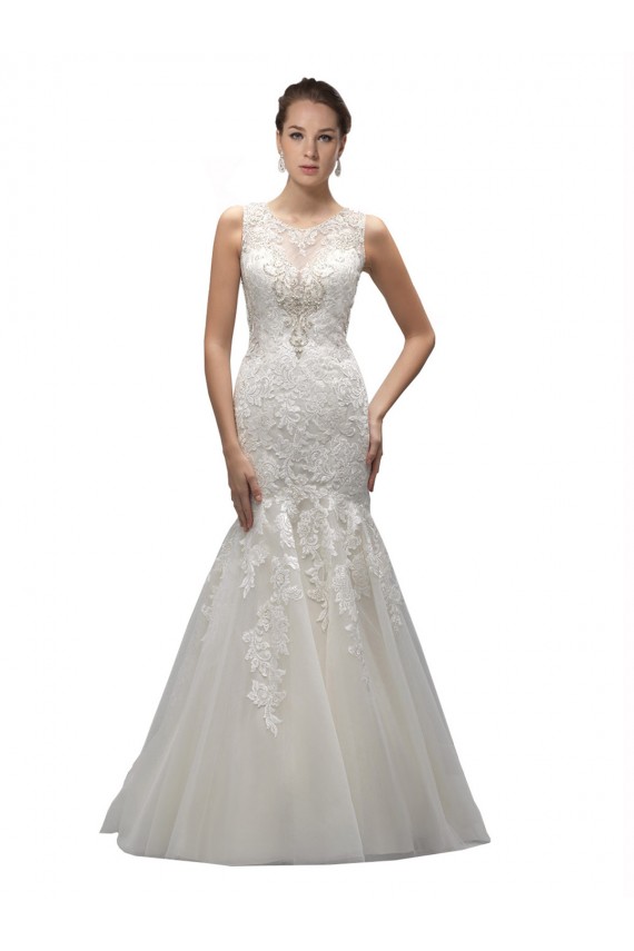Sleeveless Ivory Mermaid Tulle & Lace Illusion Neck Long Wedding Dress Maidstone