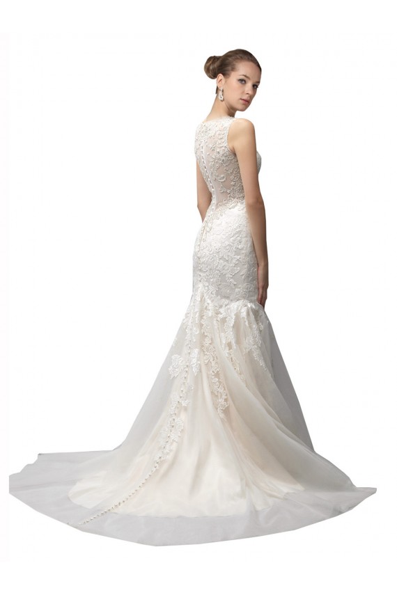 Sleeveless Ivory Mermaid Tulle & Lace Illusion Neck Long Wedding Dress Maidstone