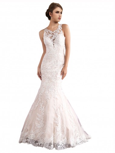 Sleeveless Ivory & Champagne Mermaid Tulle & Lace Illusion Neck Wedding Dress Maidstone