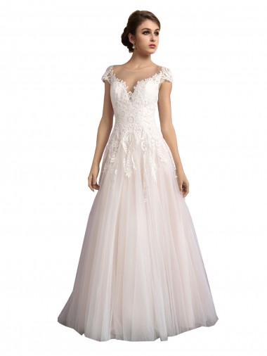 Cap Sleeves Ivory & Champagne A-Line Illusion Neck Beach Wedding Dress Maidstone