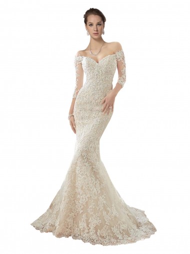 Long Sleeves Ivory & Champagne Mermaid Off the Shoulder Wedding Dress Maidstone
