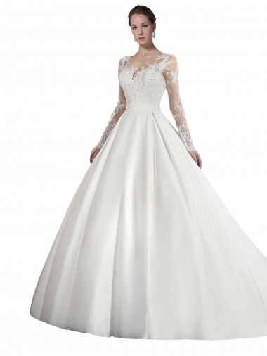 Long Sleeves White A-Line Illusion Neck Wedding Dress Maidstone