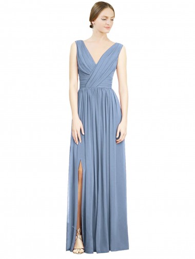Sleeveless Dusty Blue A-Line V-Neck Semi Formal Evening Dress / Bridesmaid Dress Maidstone