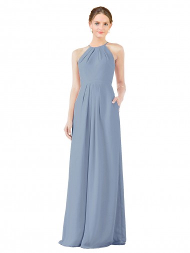 Sleeveless Dusty Blue Keyhole Back Sheath Halter Neck Bridesmaid Dress Maidstone
