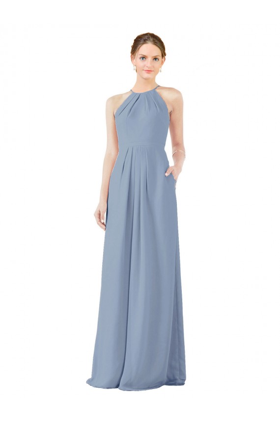 Sleeveless Dusty Blue Keyhole Back Sheath Halter Neck Bridesmaid Dress Maidstone