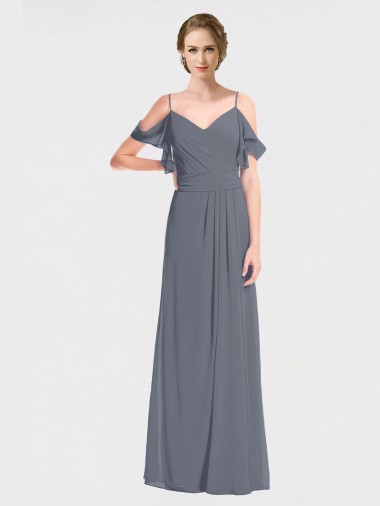 Flutter Sleeves Slate Grey V-Back A-Line Off the Shoulder Bridesmaid Dress Maidstone