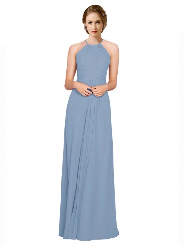 Sleeveless Dusty Blue Criss Cross Open Back A-Line Halter Neck Bridesmaid Dress / Evening Dress Maidstone