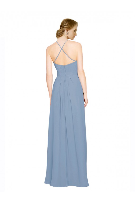 Sleeveless Dusty Blue Criss Cross Open Back A-Line Halter Neck Bridesmaid Dress / Evening Dress Maidstone