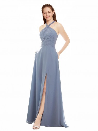 Sleeveless Dusty Blue A-Line Halter Neck Evening Dress / Bridal Party Dress Maidstone