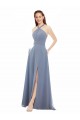Sleeveless Dusty Blue A-Line Halter Neck Evening Dress / Bridal Party Dress Maidstone