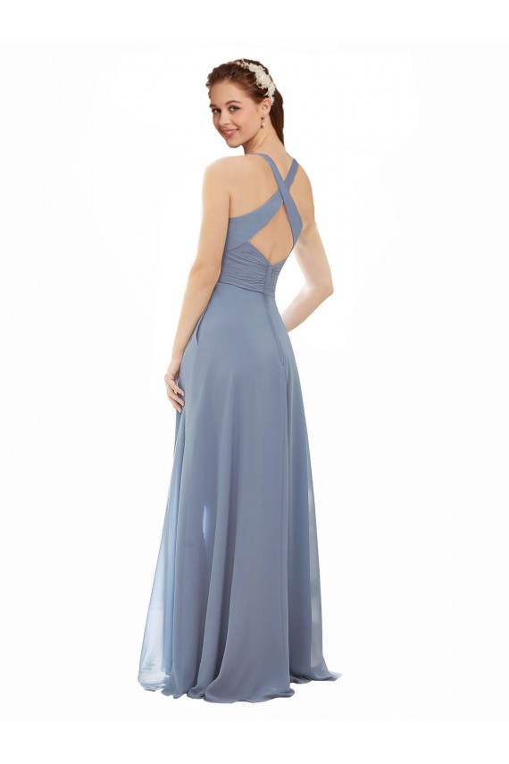 Sleeveless Dusty Blue A-Line Halter Neck Evening Dress / Bridal Party Dress Maidstone