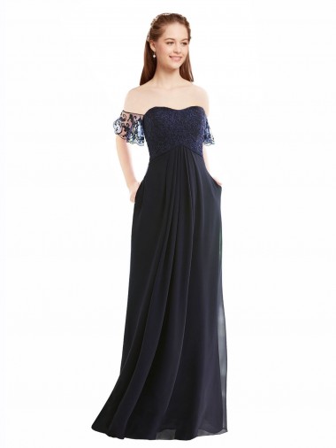 Cap Sleeves Dark Navy A-Line Off the Shoulder Formal Dress / Bridesmaid Dress Maidstone