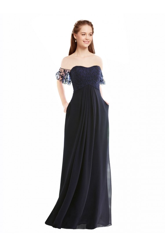 Cap Sleeves Dark Navy A-Line Off the Shoulder Formal Dress / Bridesmaid Dress Maidstone