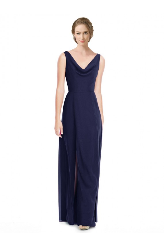 Sleeveless Dark Navy V-Back A-Line Cowl Neck Bridesmaid Dress Maidstone