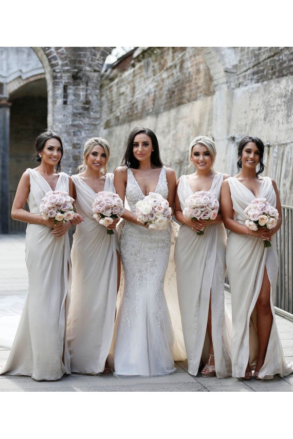 Sleeveless Champagne Low Back A-Line V-Neck Bridesmaid Dress Maidstone