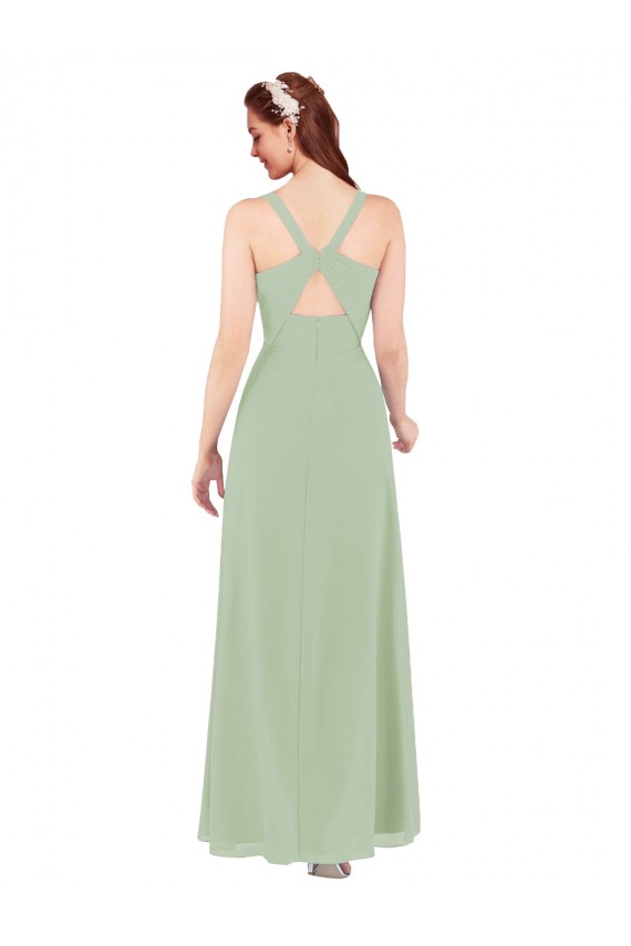 Sleeveless Smoke Green Keyhole Back Sheath V-Neck Bridesmaid Dress Maidstone