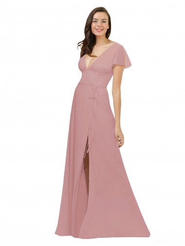 Flutter Sleeves Dusty Pink V-Back A-Line V-Neck Bridesmaid Dress / Evening Dress Maidstone