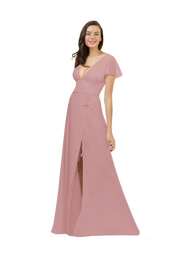 Flutter Sleeves Dusty Pink V-Back A-Line V-Neck Bridesmaid Dress / Evening Dress Maidstone