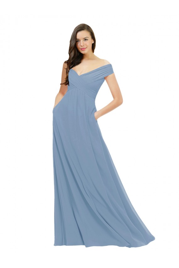 Sleeveless Dusty Blue A-Line Off the Shoulder Bridesmaid Dress / Evening Gowns Maidstone