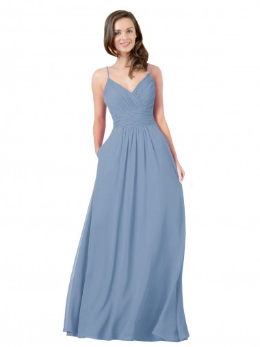 Sleeveless Dusty Blue Criss Cross Back A-Line V-Neck Bridesmaid Dress / Evening Dress Maidstone