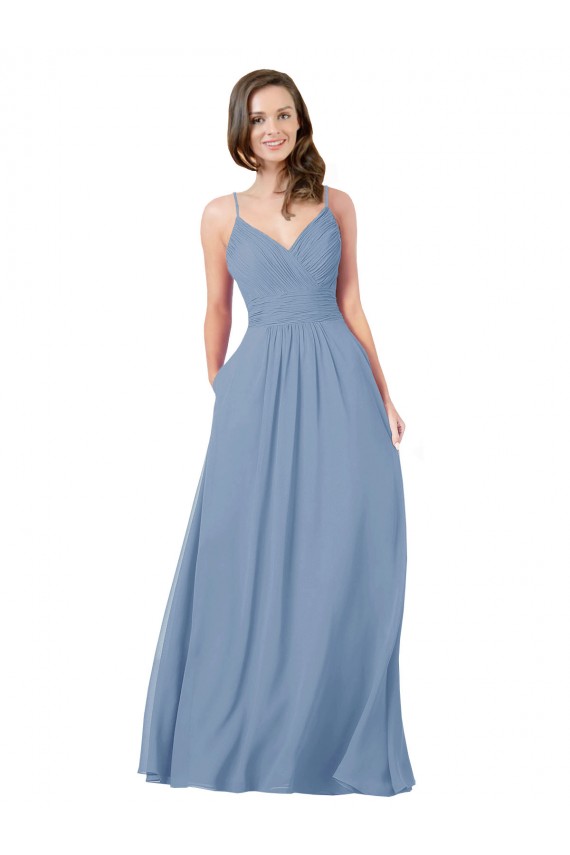 Sleeveless Dusty Blue Criss Cross Back A-Line V-Neck Bridesmaid Dress / Evening Dress Maidstone