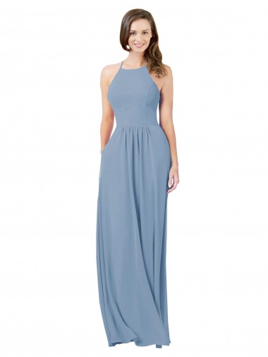 Sleeveless Dusty Blue Keyhole Back A-Line Halter Bridesmaid Gowns Maidstone