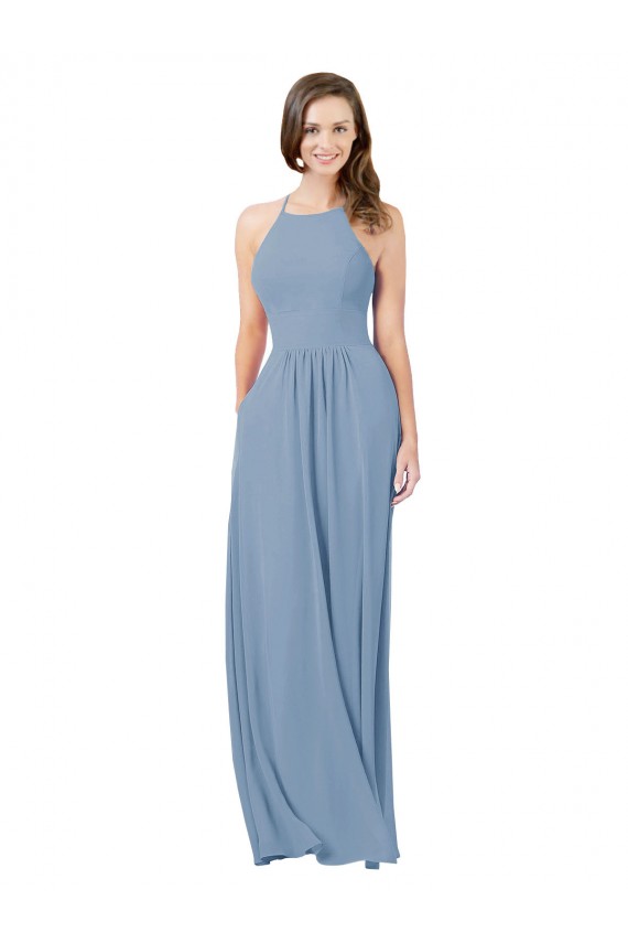 Sleeveless Dusty Blue Keyhole Back A-Line Halter Bridesmaid Gowns Maidstone