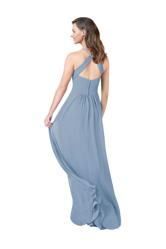 Sleeveless Dusty Blue Keyhole Back A-Line Halter Bridesmaid Gowns Maidstone