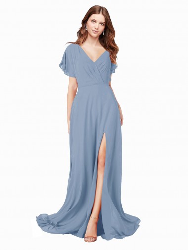 Cap Sleeves Dusty Blue A-Line V-Neck Black Tie Prom Dress / Bridesmaid Dress Maidstone