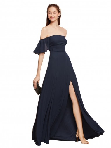 Sleeveless Dark Navy Off the Shoulder Prom Dress / Bridesmaid Dress Maidstone