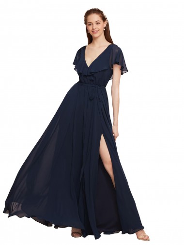 Cap Sleeves Dark Navy V-Back A-Line V-Neck Evening Gowns / Bridesmaid Dresses Maidstone