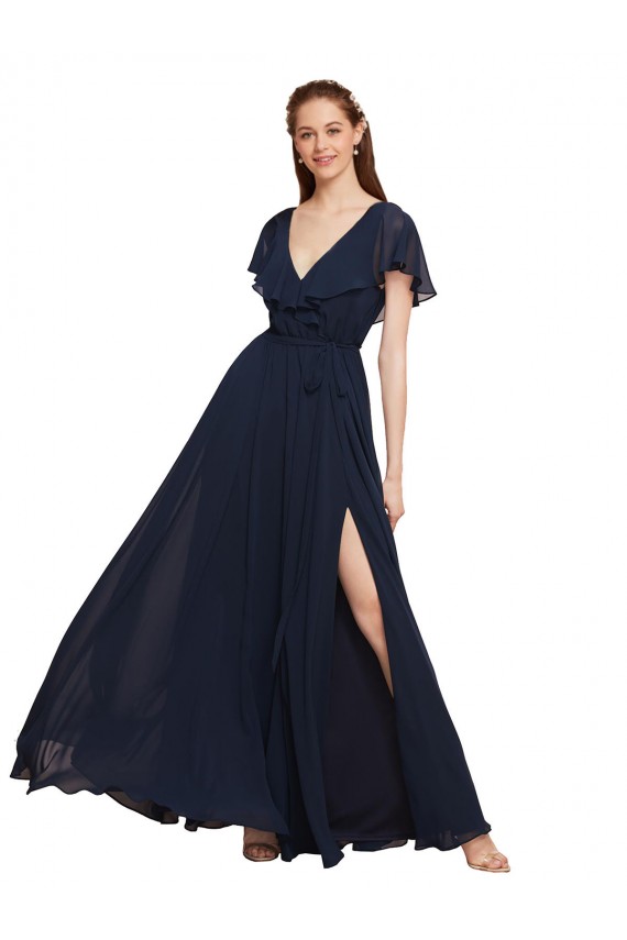Cap Sleeves Dark Navy V-Back A-Line V-Neck Evening Gowns / Bridesmaid Dresses Maidstone