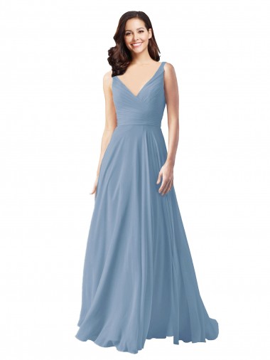 Sleeveless Dusty Blue A-Line V-Neck Wedding Party Dress Maidstone
