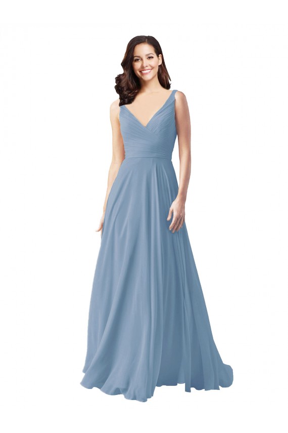 Sleeveless Dusty Blue A-Line V-Neck Wedding Party Dress Maidstone