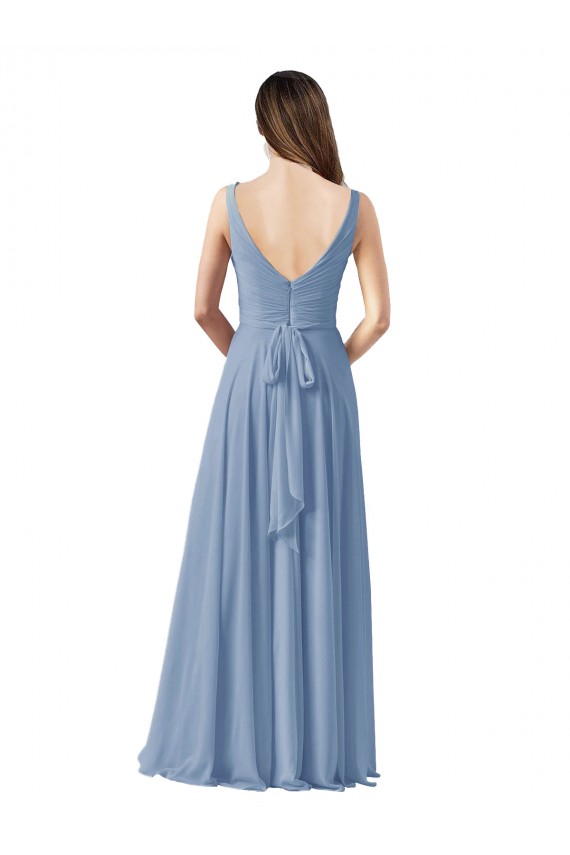 Sleeveless Dusty Blue A-Line V-Neck Wedding Party Dress Maidstone