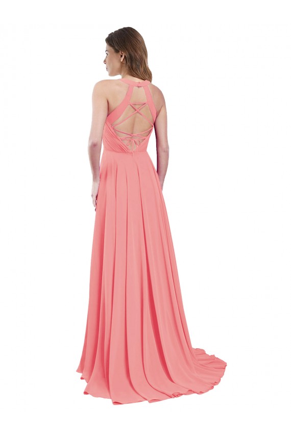 Sleeveless Watermelon Criss Cross Back A-Line Halter Neck Bridesmaid Dress / Evening Dress Maidstone
