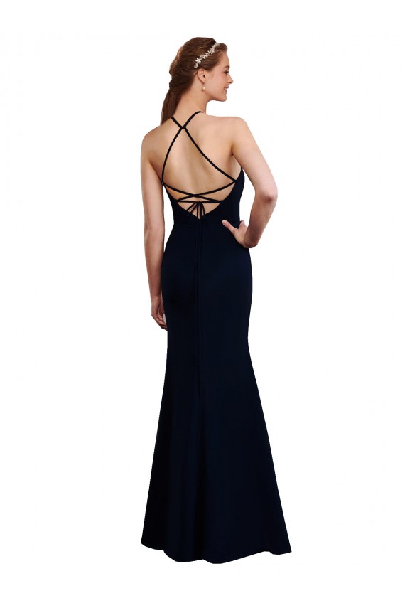 Sleeveless Dark Navy Criss Cross Open Back Mermaid Halter Neck Bridesmaid Dress Maidstone
