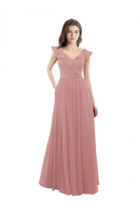 Cap Sleeves Dusty Pink V-Back A-Line V-Neck Bridesmaid Dress Maidstone