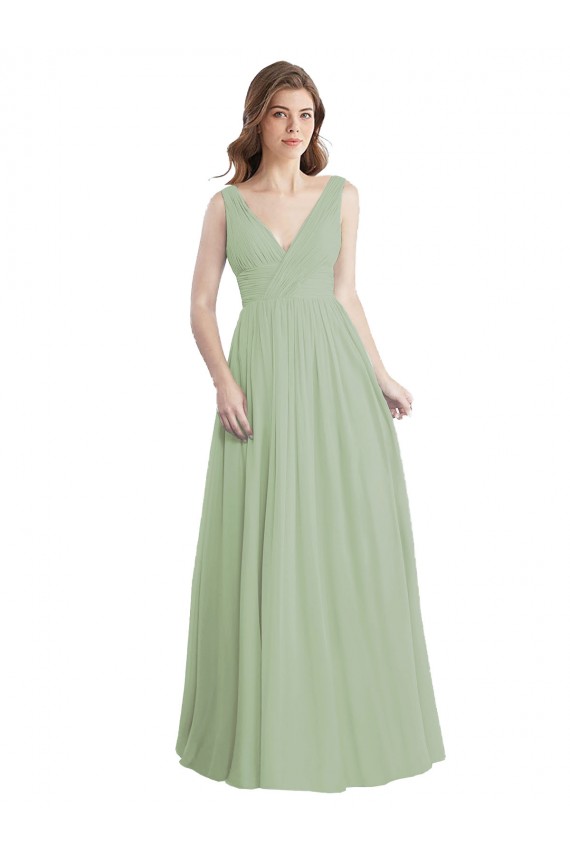 Sleeveless Smoke Green V-Back A-Line V-Neck Formal Dress / Bridesmaid Dress Maidstone