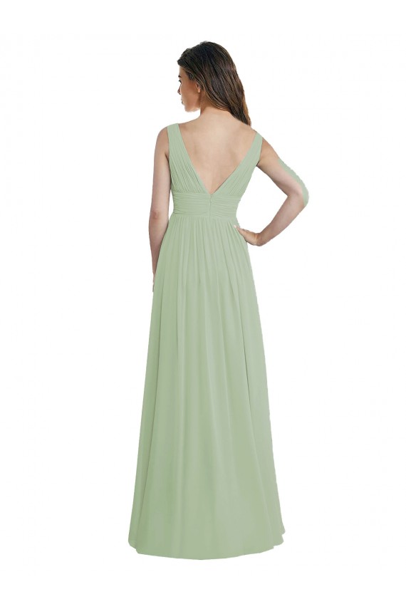 Sleeveless Smoke Green V-Back A-Line V-Neck Formal Dress / Bridesmaid Dress Maidstone
