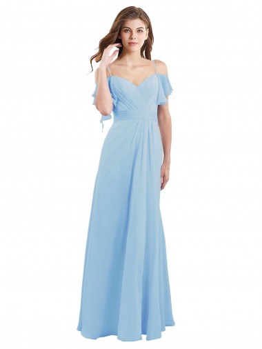 Cold Shoulder Light Sky Blue Low Back A-Line Spaghetti Straps Bridesmaid Dress Maidstone