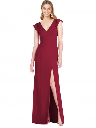 Ruffle Sleeves Burgundy Tie Back Mermaid V-Neck Bridesmaid Dress Maidstone