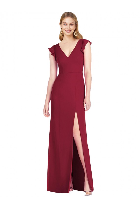 Ruffle Sleeves Burgundy Tie Back Mermaid V-Neck Bridesmaid Dress Maidstone