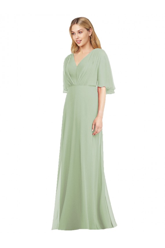 Flutter Sleeves Smoke Green Trumpet V-Neck Bridesmaid Dress Maidstone