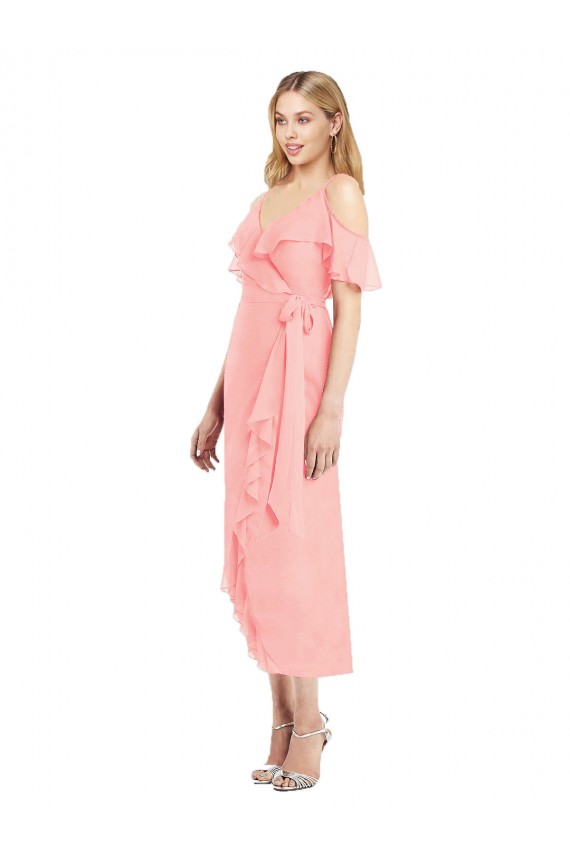 Cold Shoulder Salmon Trumpet Spaghetti Straps High Low Bridesmaid Dress Maidstone