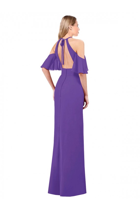 Ruffle Sleeves Purple Open Back A-Line Halter Neck Bridesmaid Dress Maidstone