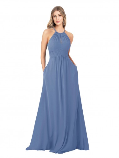 Sleeveless Windsor Blue Open Back A-Line High Neck Bridesmaid Dress Maidstone