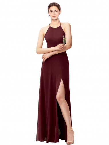 Sleeveless Burgundy Gold Criss Cross Back A-Line Halter Neck Bridesmaid Dress Maidstone