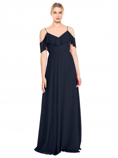 Sleeveless Dark Navy V-Back A-Line Off the Shoulder Bridesmaid Dress Maidstone